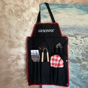 ARBONNE LOGO’D grilling set apron tools salt pepper shaker mitt NEW without tags